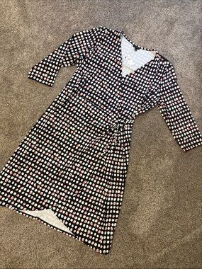 Talbots Black Wrap Midi Dress with Pink and White Polka Print